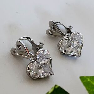 Clip On Earrings White Gold with Cubic Zirconia Hearts